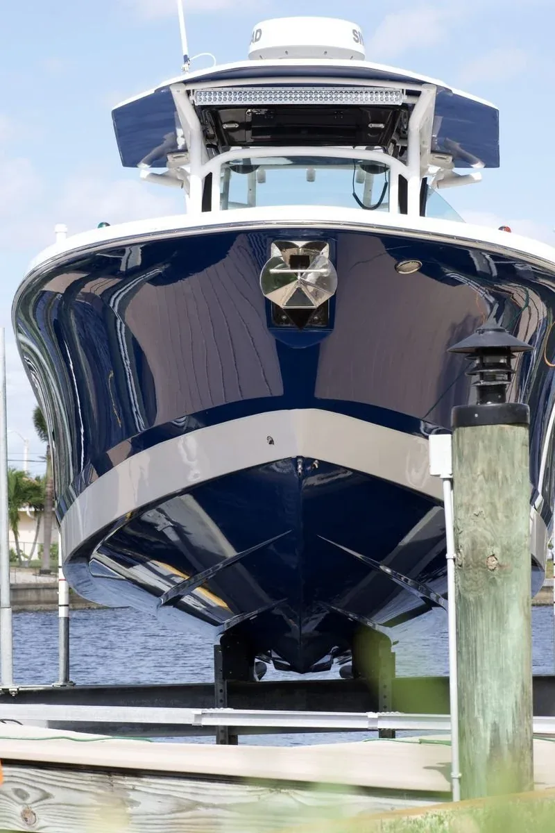 High-gloss navy hull after detailing